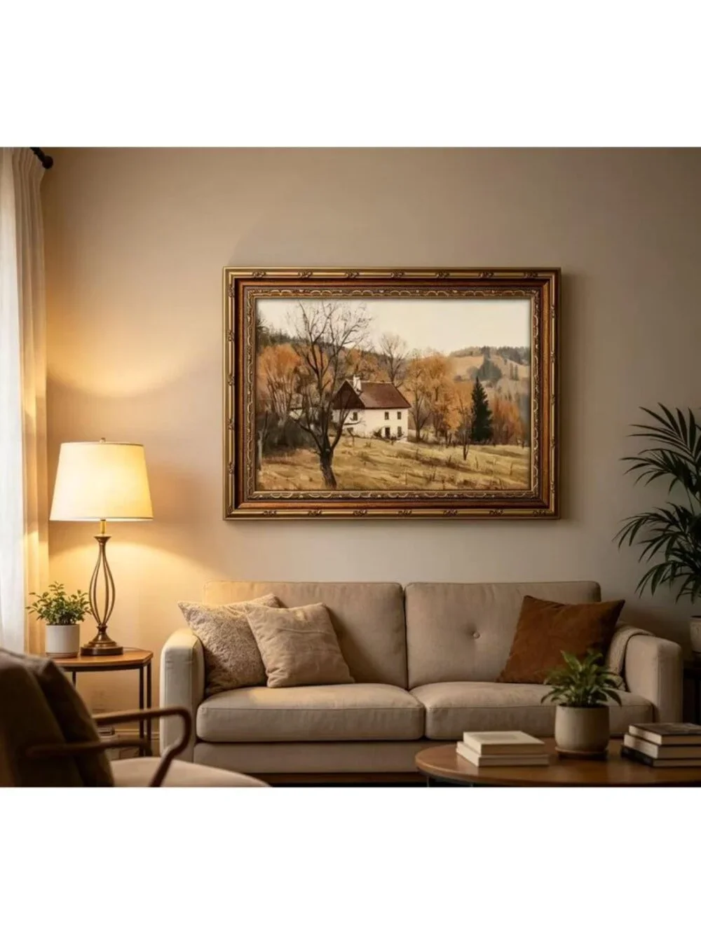 Rustic Vintage Gold Framed Autumn Wall Art - Farmhouse Landscape Canvas Print